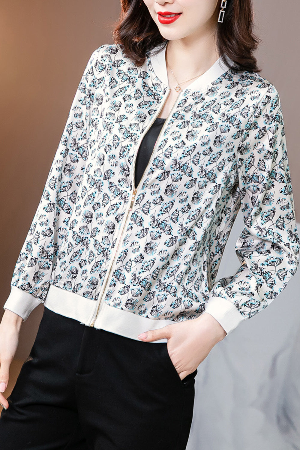 Women Trendy Lightweight Printed Pattern Zipper Closure Casual Jacket