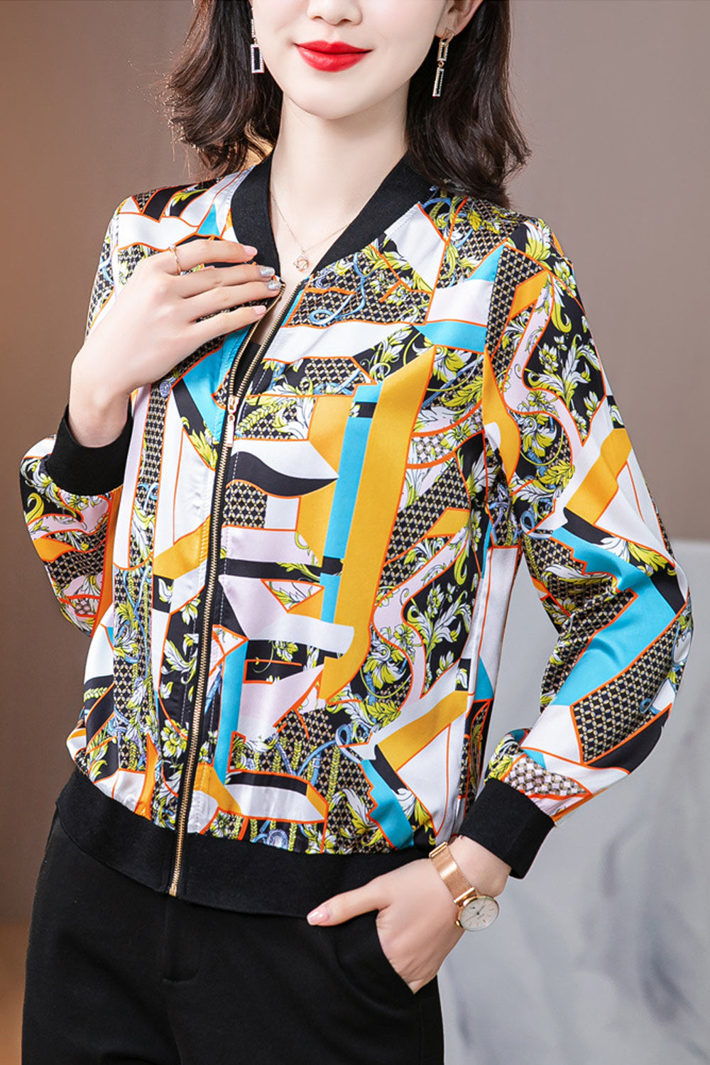 Women Amazing Elasticated Cuffs Printed Pattern Lightweight Casual Jacket