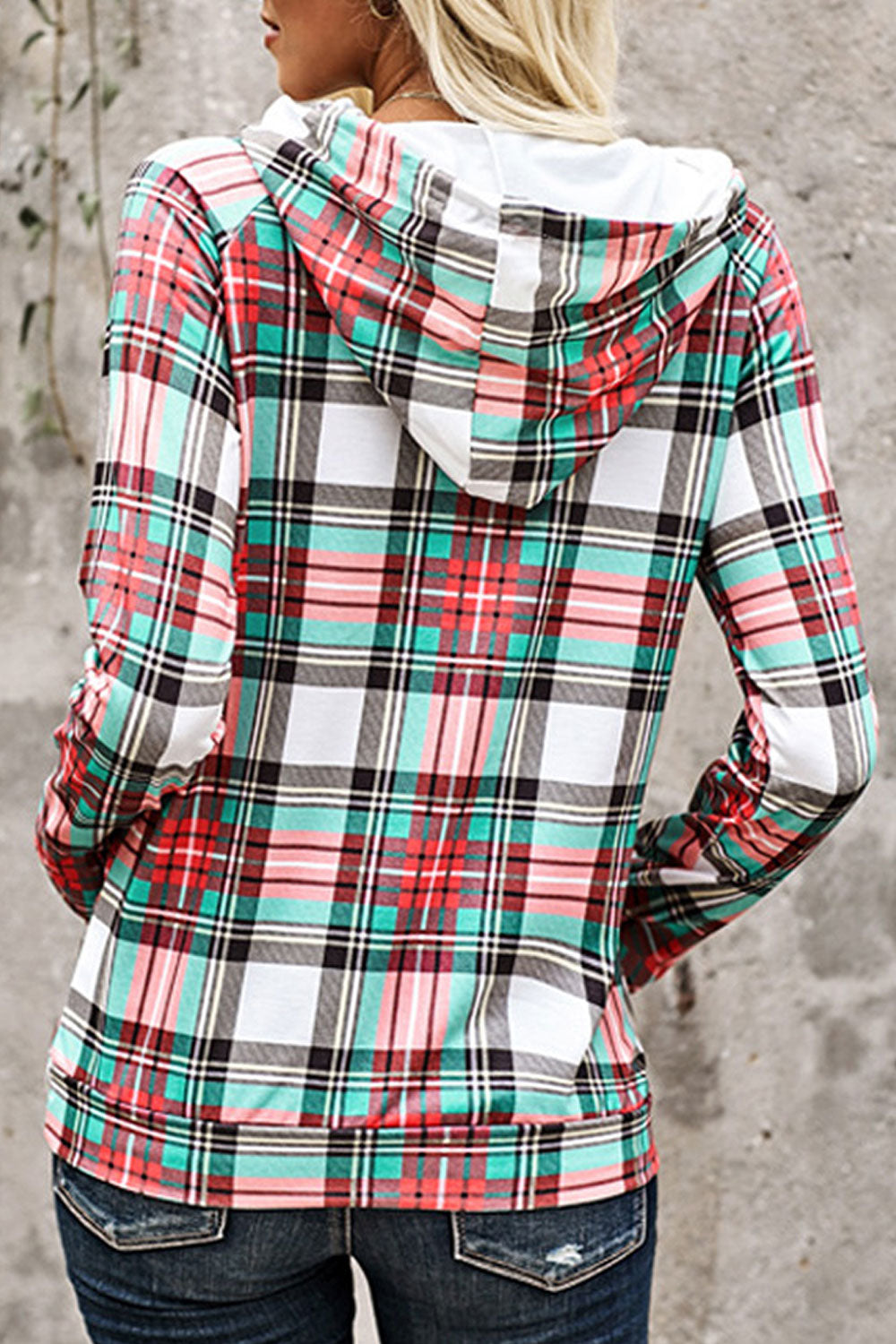 Women Ribbed Cuff Long Sleeve Breathable Plaid Pattern Casual Hoodie