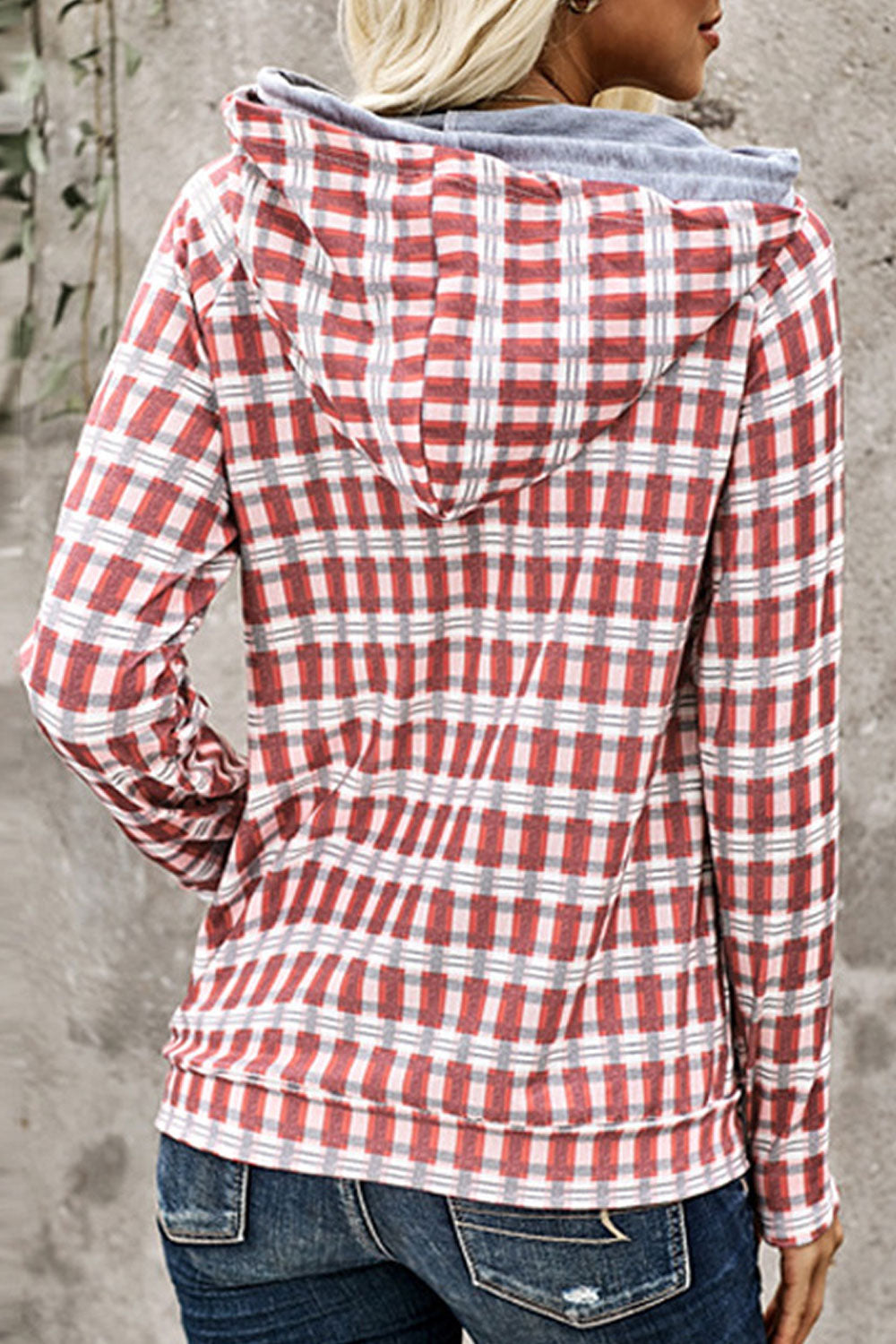 Women Ribbed Cuff Long Sleeve Breathable Plaid Pattern Casual Hoodie