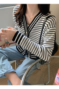 Women Stylish Striped Pattern Long Sleeve Cozy Casual Cardigan