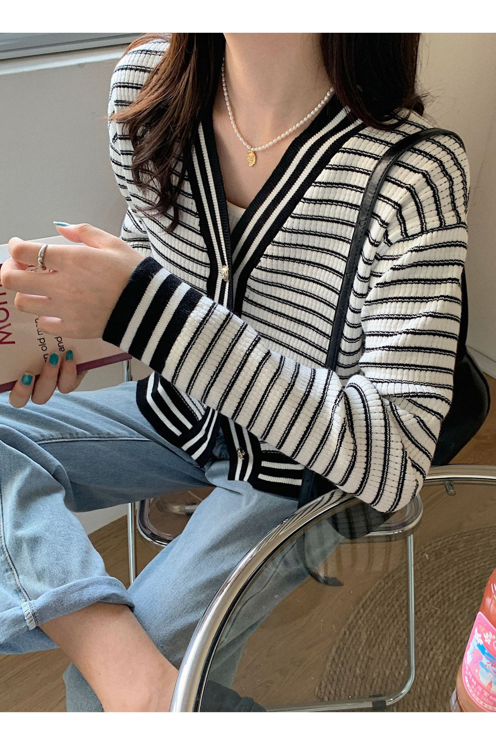 Women Stylish Striped Pattern Long Sleeve Cozy Casual Cardigan