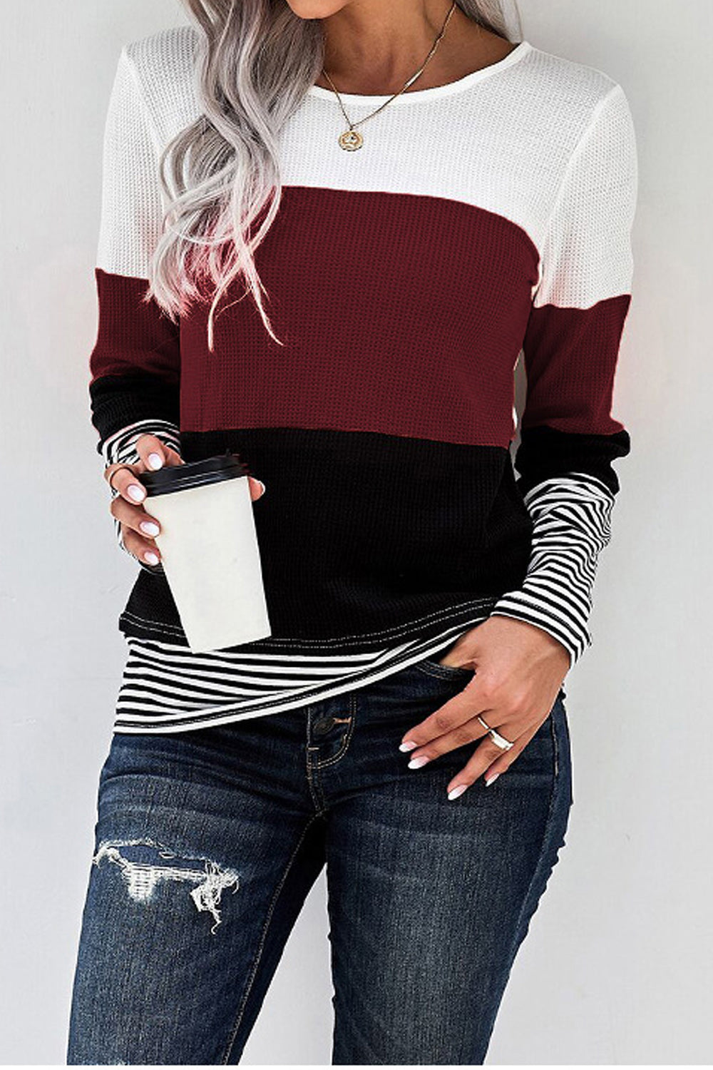 Women Slim Fit Contrast Color Elegant Style Long Sleeve Sweatshirt