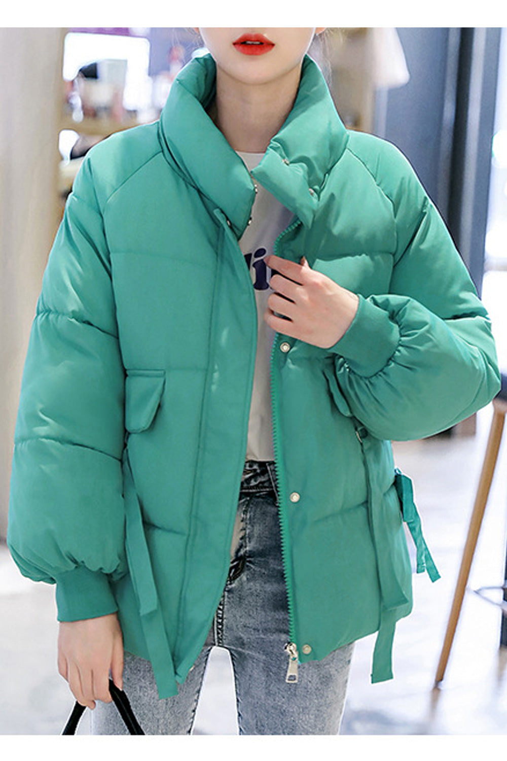Women Cozy Stand Up Collar Solid Colored Long Sleeve Elegant Warm Padded Jacket