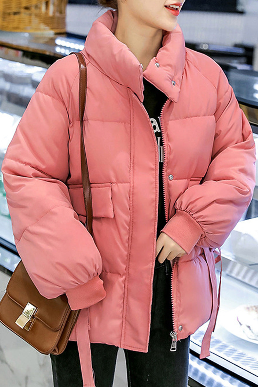 Women Cozy Stand Up Collar Solid Colored Long Sleeve Elegant Warm Padded Jacket