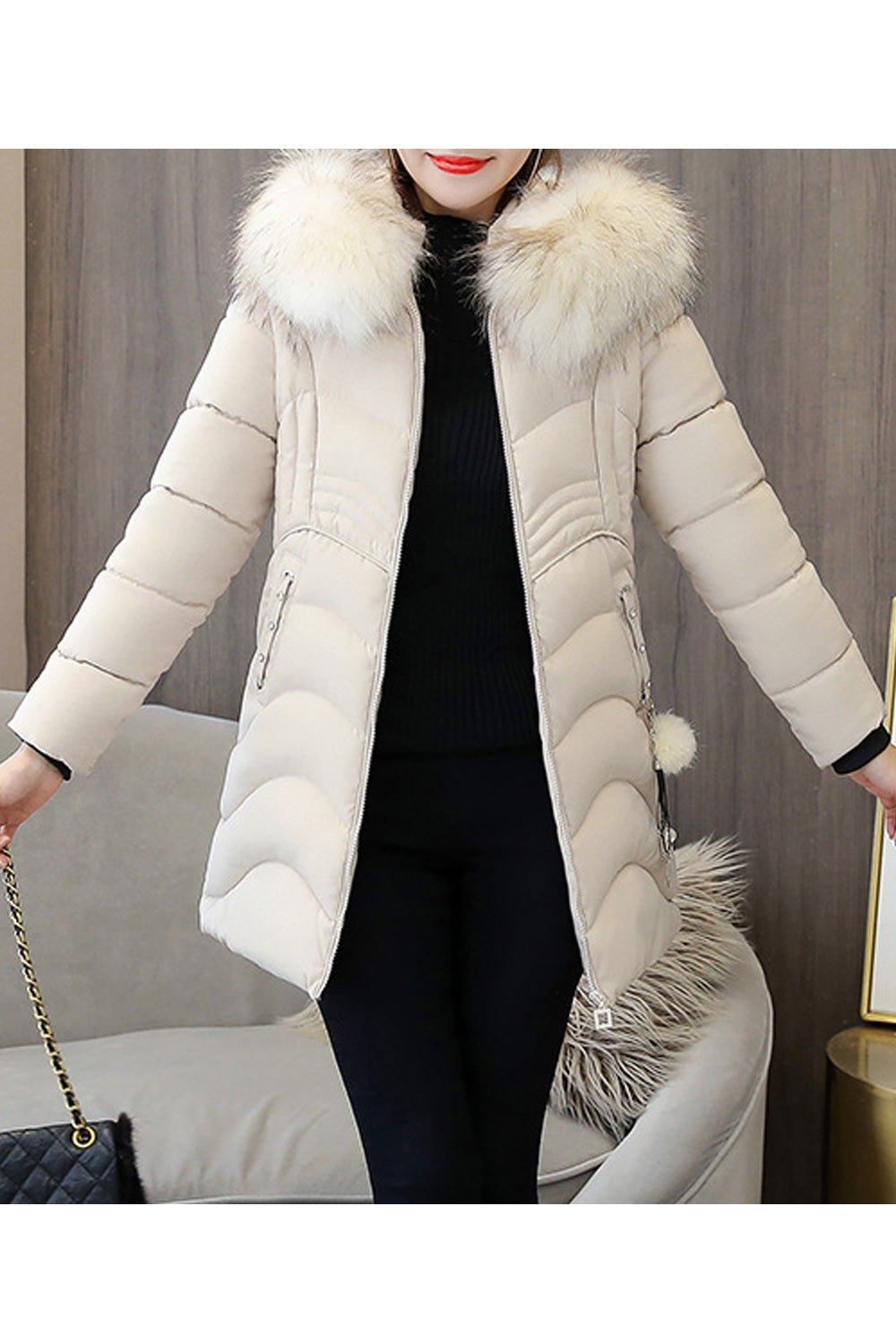 Women Fluffy Hood Long Sleeve Cotton Mid Length Solid Colored Long Sleeve Warm Padded Jacket