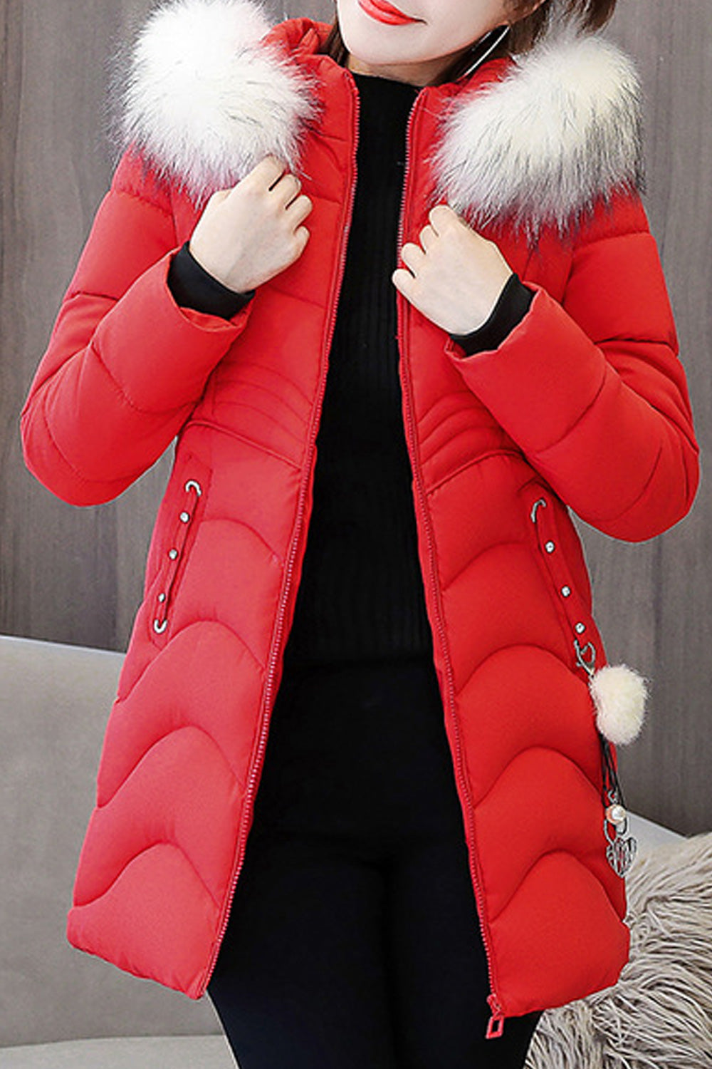 Women Fluffy Hood Long Sleeve Cotton Mid Length Solid Colored Long Sleeve Warm Padded Jacket