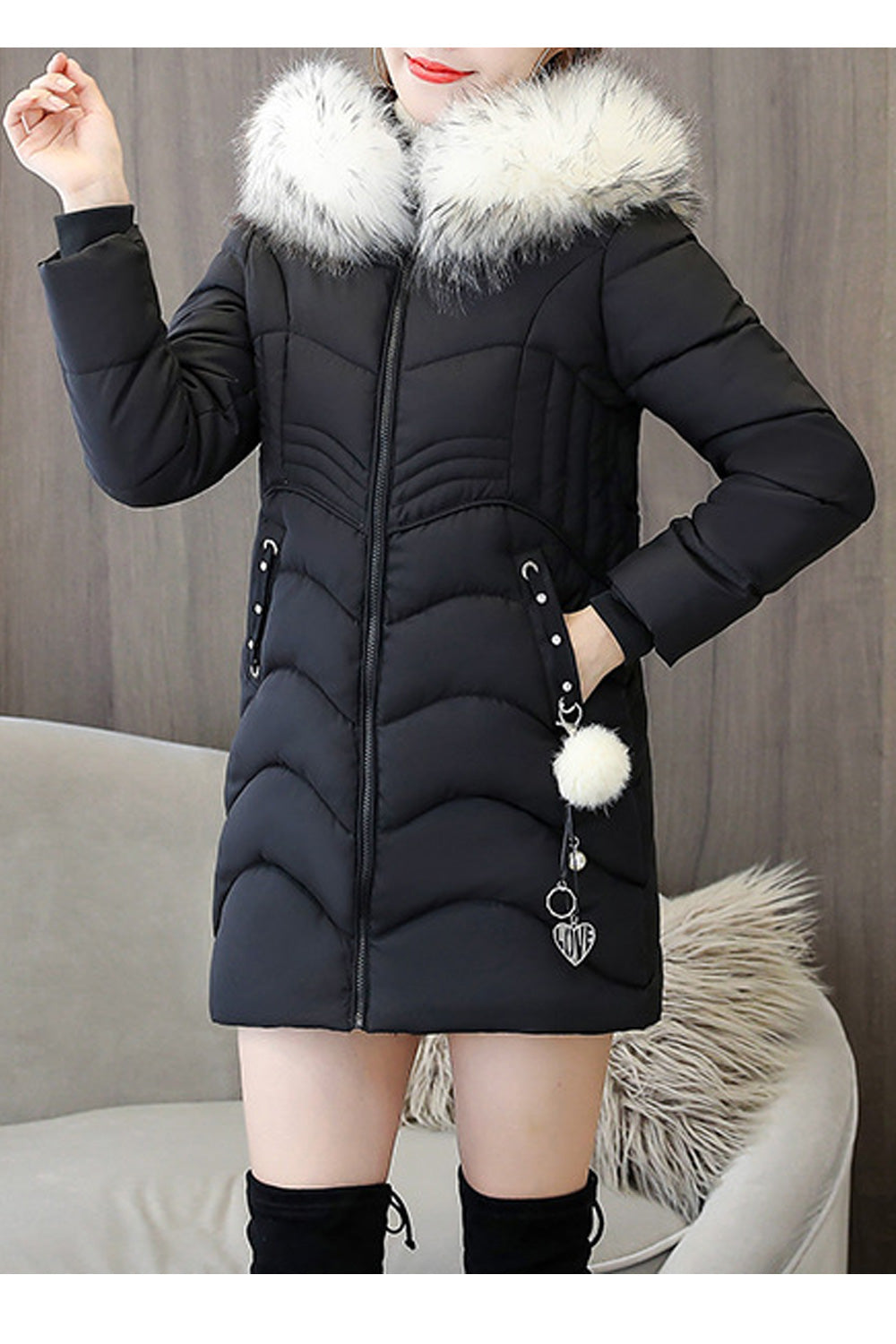 Women Fluffy Hood Long Sleeve Cotton Mid Length Solid Colored Long Sleeve Warm Padded Jacket