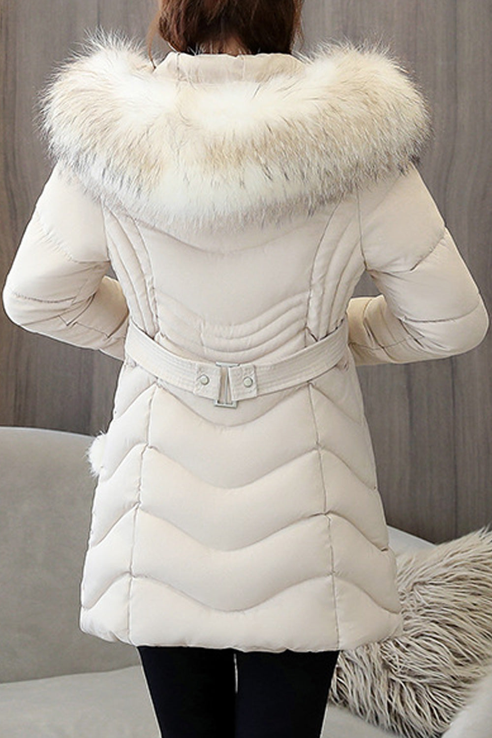 Women Fluffy Hood Long Sleeve Cotton Mid Length Solid Colored Long Sleeve Warm Padded Jacket