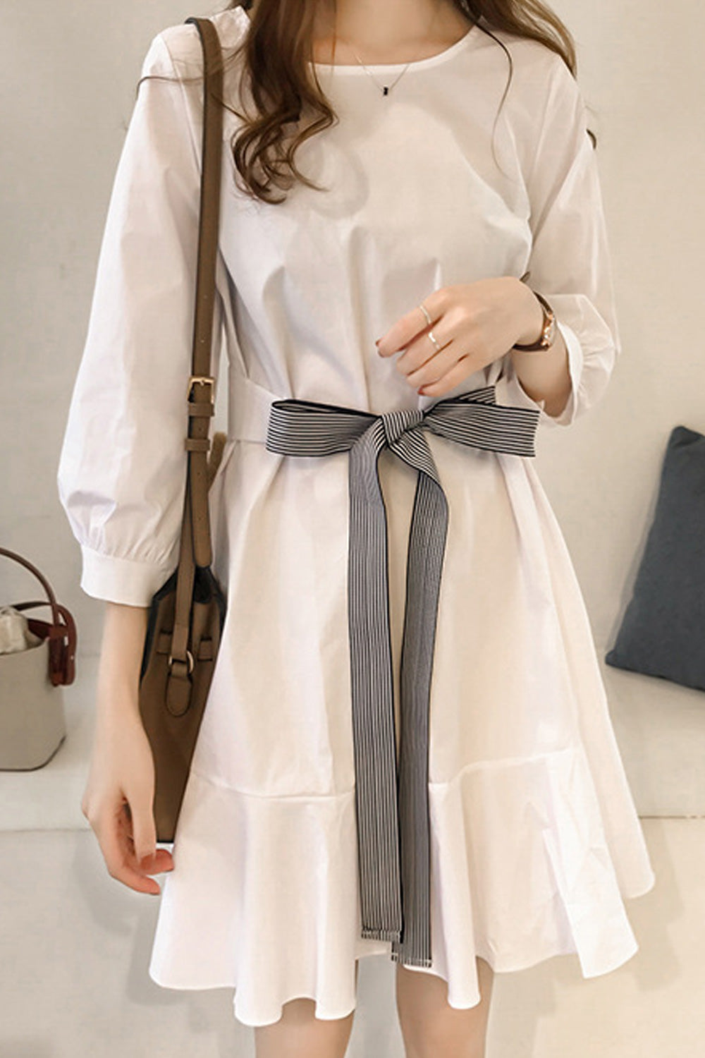 Women Elegent Pleated Hem Solid Color Half Sleeve Above Knee Round Neck Casual Dress