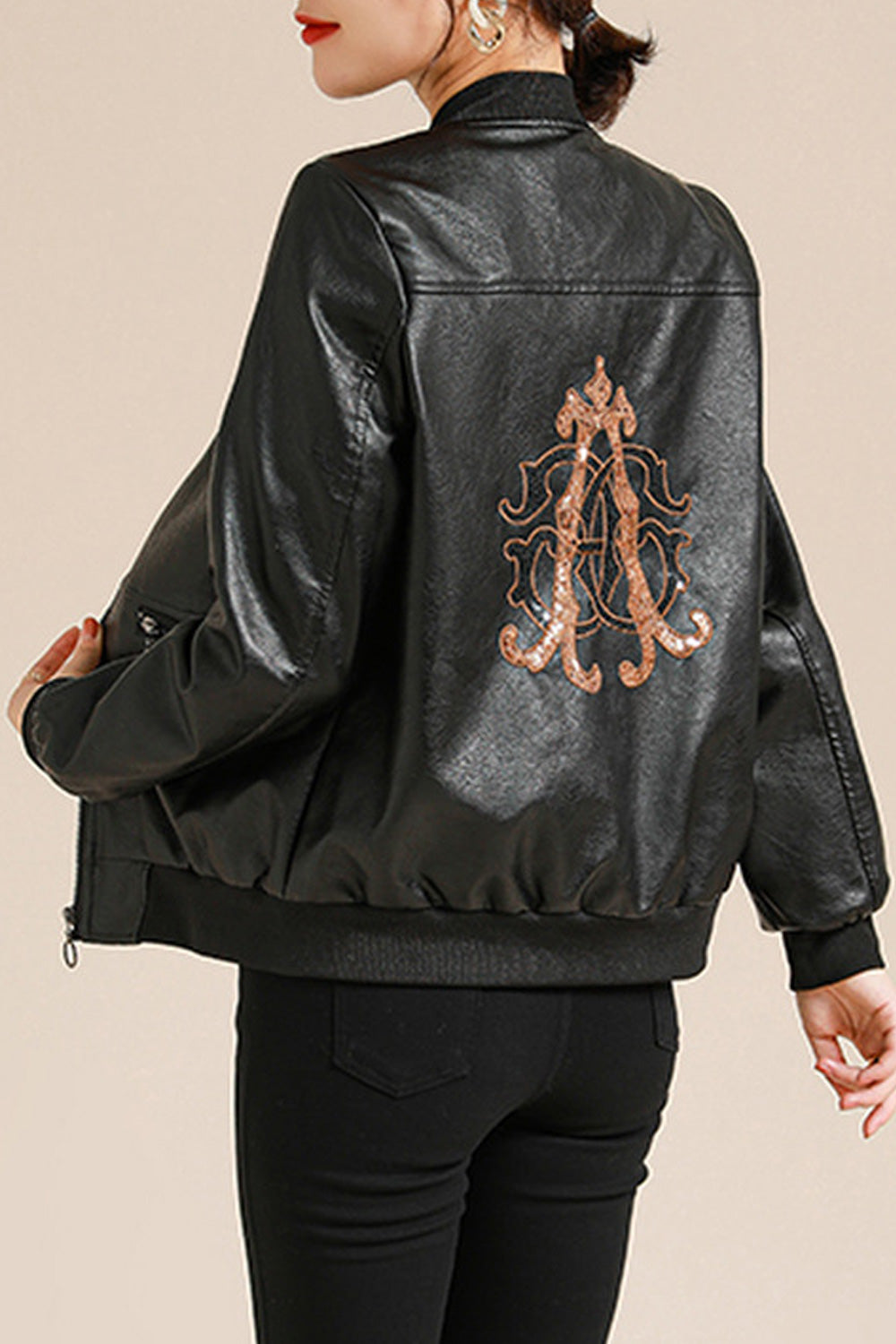 Women Elasticated Cuff Round Neck Easy Zipper Closure Thick PU Leather Jacket