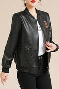 Women Elasticated Cuff Round Neck Easy Zipper Closure Thick PU Leather Jacket