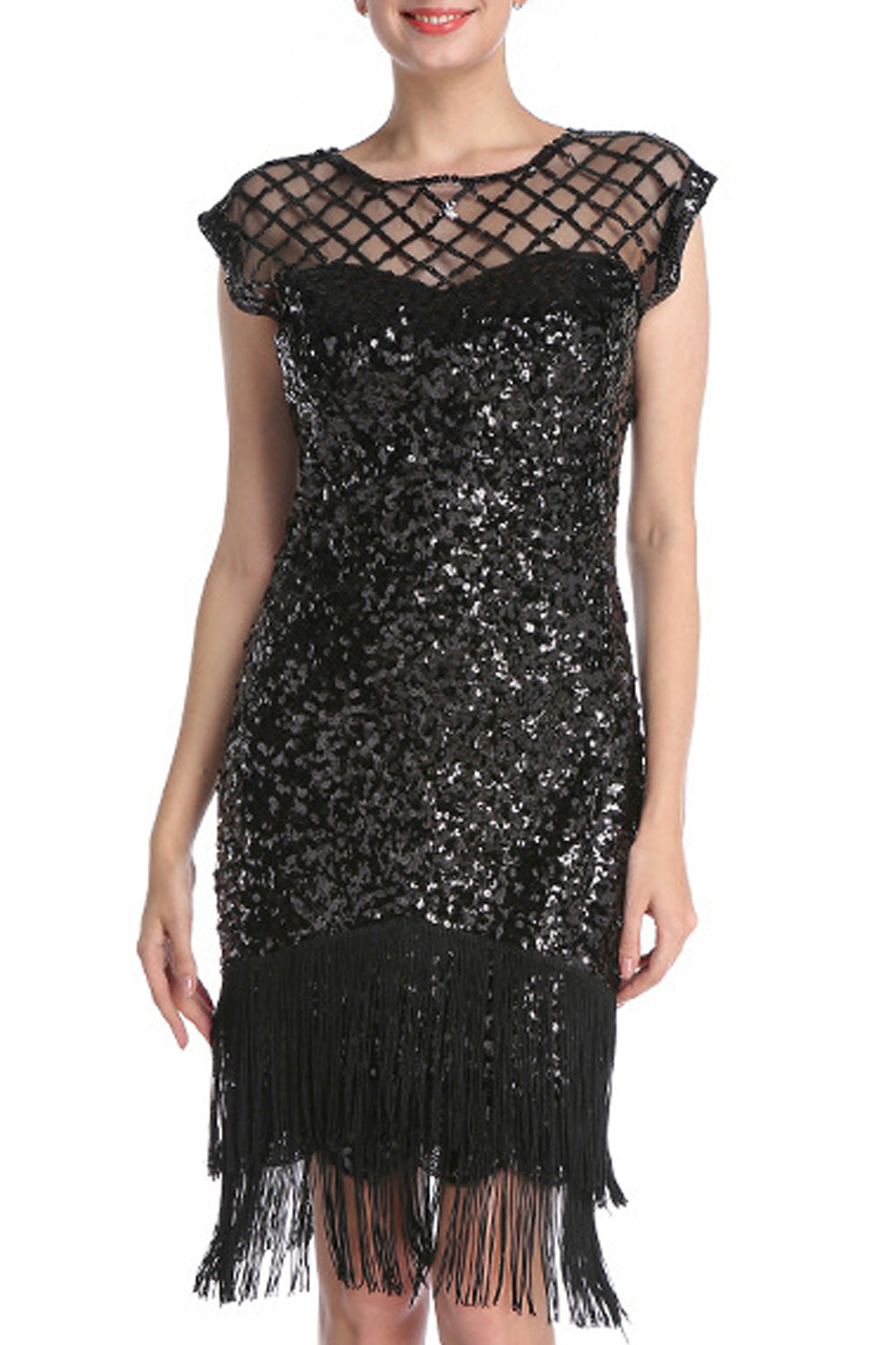 Women Tremendous tassel Hem Round Neck Knee Length Short Sleeve Sequins Pattern Party Dress