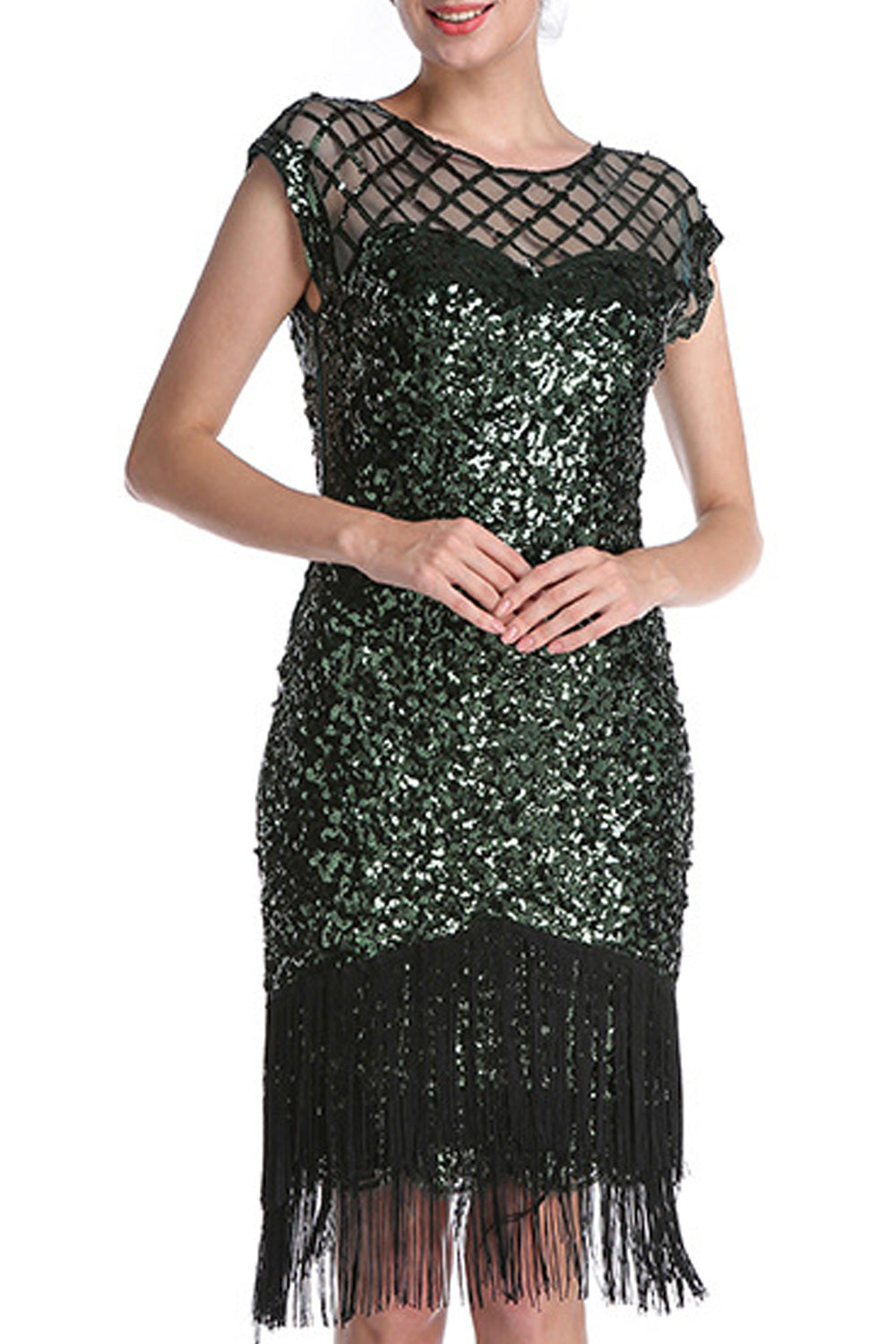 Women Tremendous tassel Hem Round Neck Knee Length Short Sleeve Sequins Pattern Party Dress