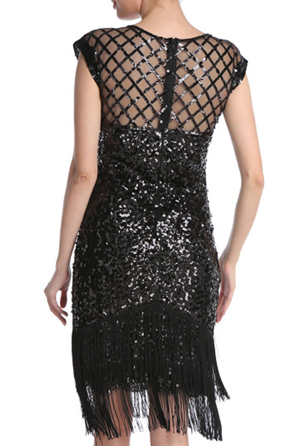 Women Tremendous tassel Hem Round Neck Knee Length Short Sleeve Sequins Pattern Party Dress