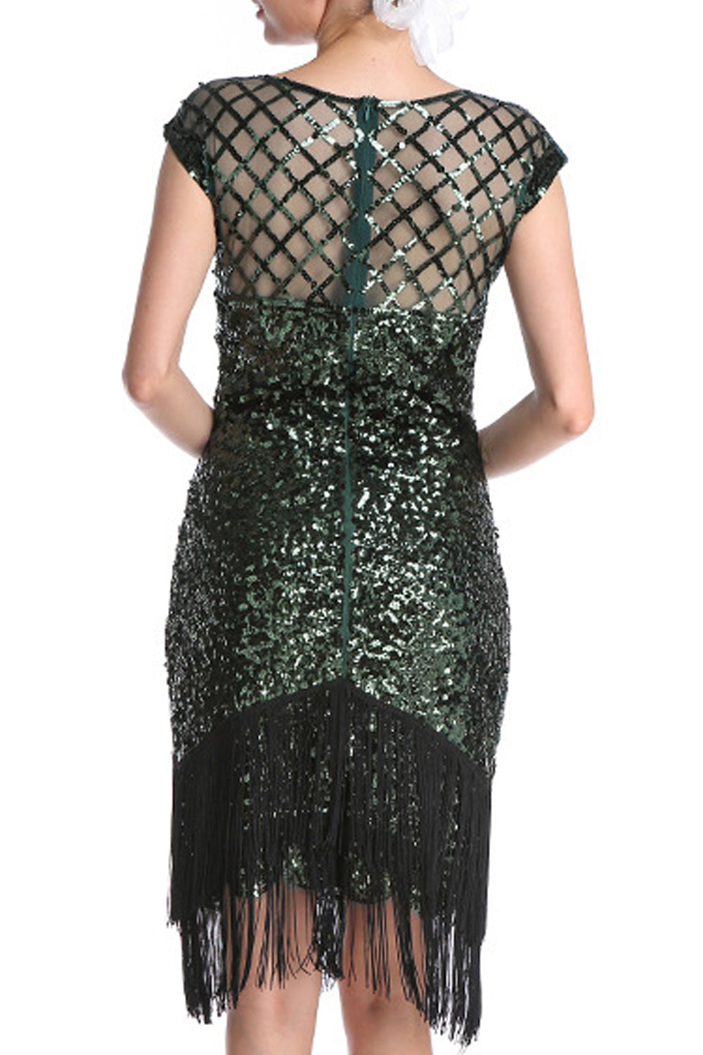 Women Tremendous tassel Hem Round Neck Knee Length Short Sleeve Sequins Pattern Party Dress