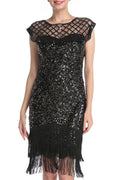Women Tremendous tassel Hem Round Neck Knee Length Short Sleeve Sequins Pattern Party Dress