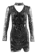 Women Slim Fit Long Sleeve Round Neck Sequins Decorated Above Knee Dress