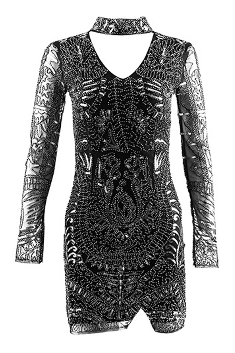 Women Slim Fit Long Sleeve Round Neck Sequins Decorated Above Knee Dress