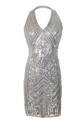 Women Above Knee Breathable V-Neck Sequins Pattern Slim Fit Sleeveless Pretty Party Dress