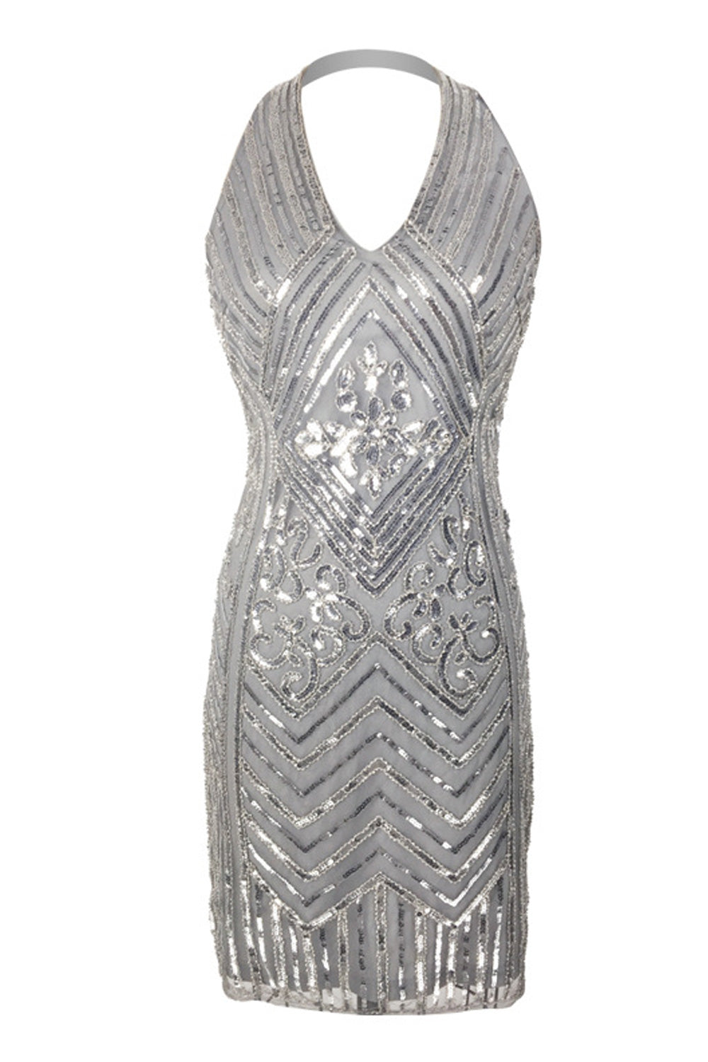 Women Above Knee Breathable V-Neck Sequins Pattern Slim Fit Sleeveless Pretty Party Dress