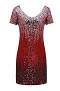 Women Superb V-Neck Short Sleeve Sequins Pattern Short Length Ventilated Dress