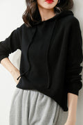 Women Elegent Solid Colored Elasticated Cuff Drawstring Warm Hooded Neck Comfortable Hoodie
