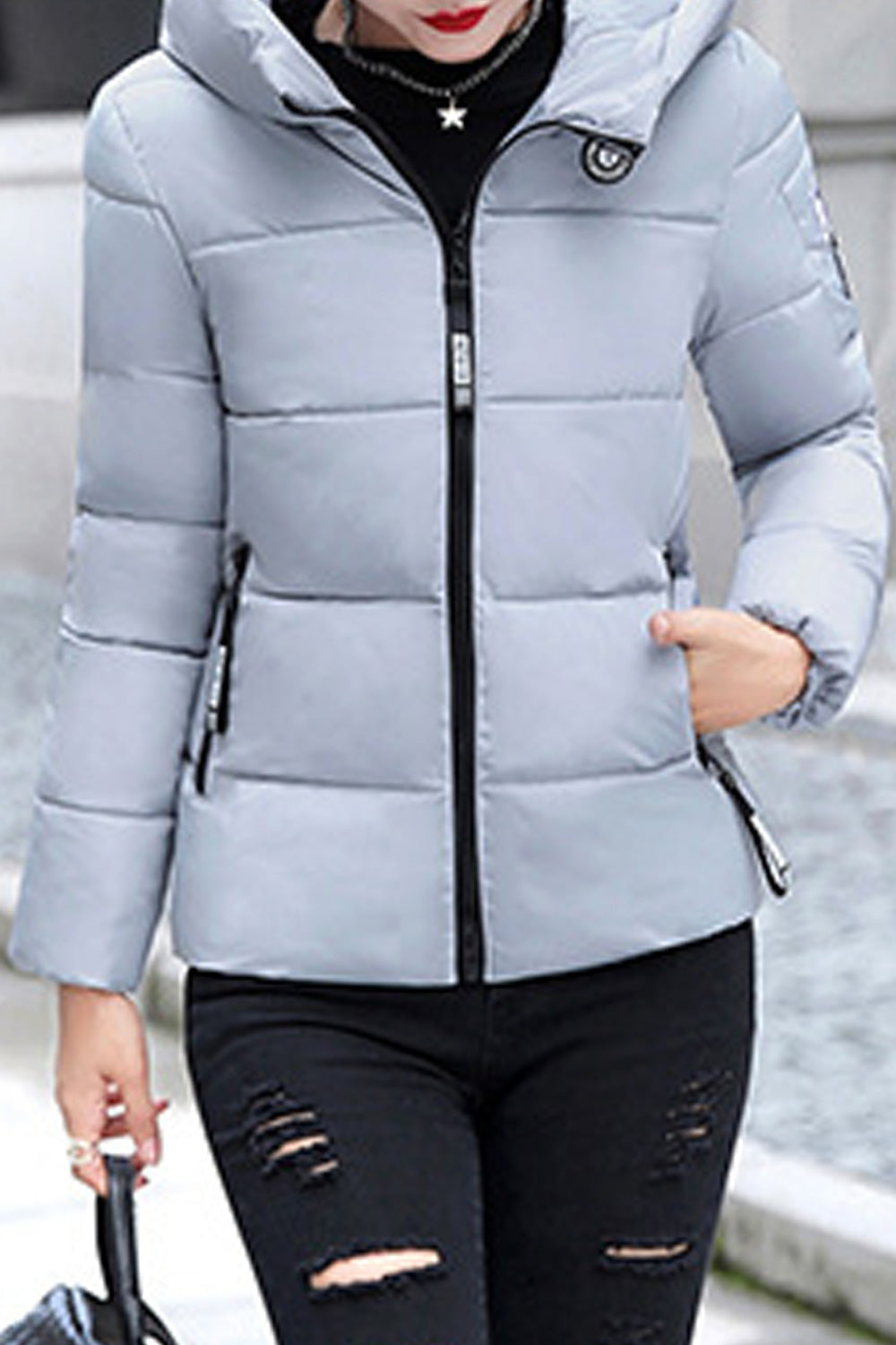 Women Delightful Solid Colored Long Sleeve Hooded Neck Zipper Closure Winter Warm Padded Jacket