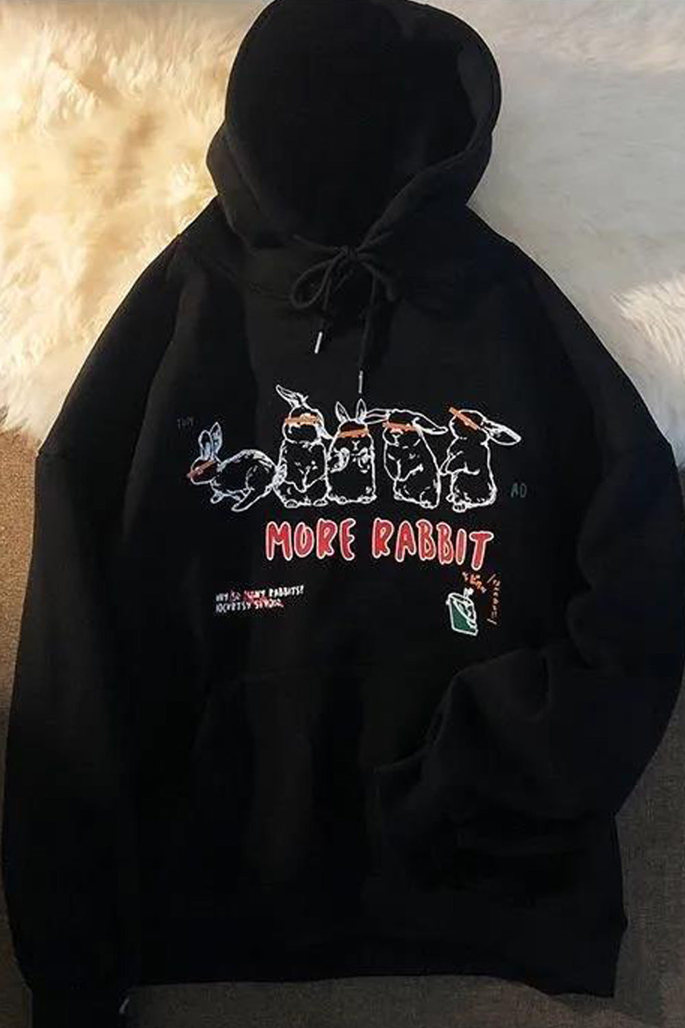 Women Thick Long Sleeve Hooded Neck Rabbit Printed Drawstring Warm Hoodie