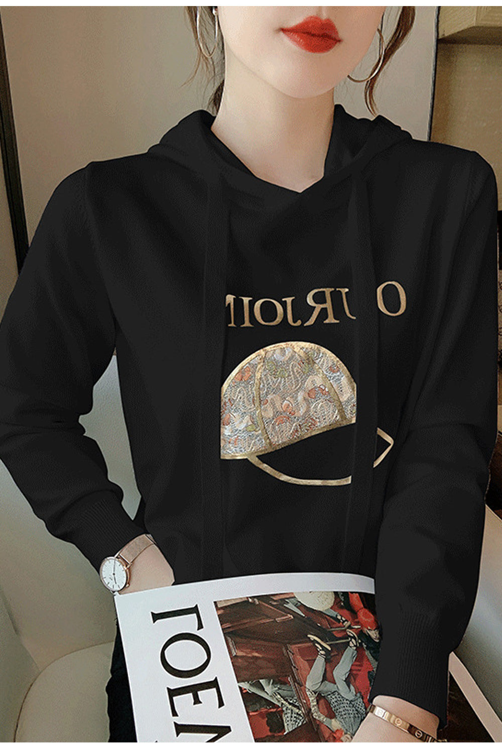 Women Fastastic Lightweight Soft Printed Pattern Long Sleeve Hooded Neck Drawstring Warm Hoodie