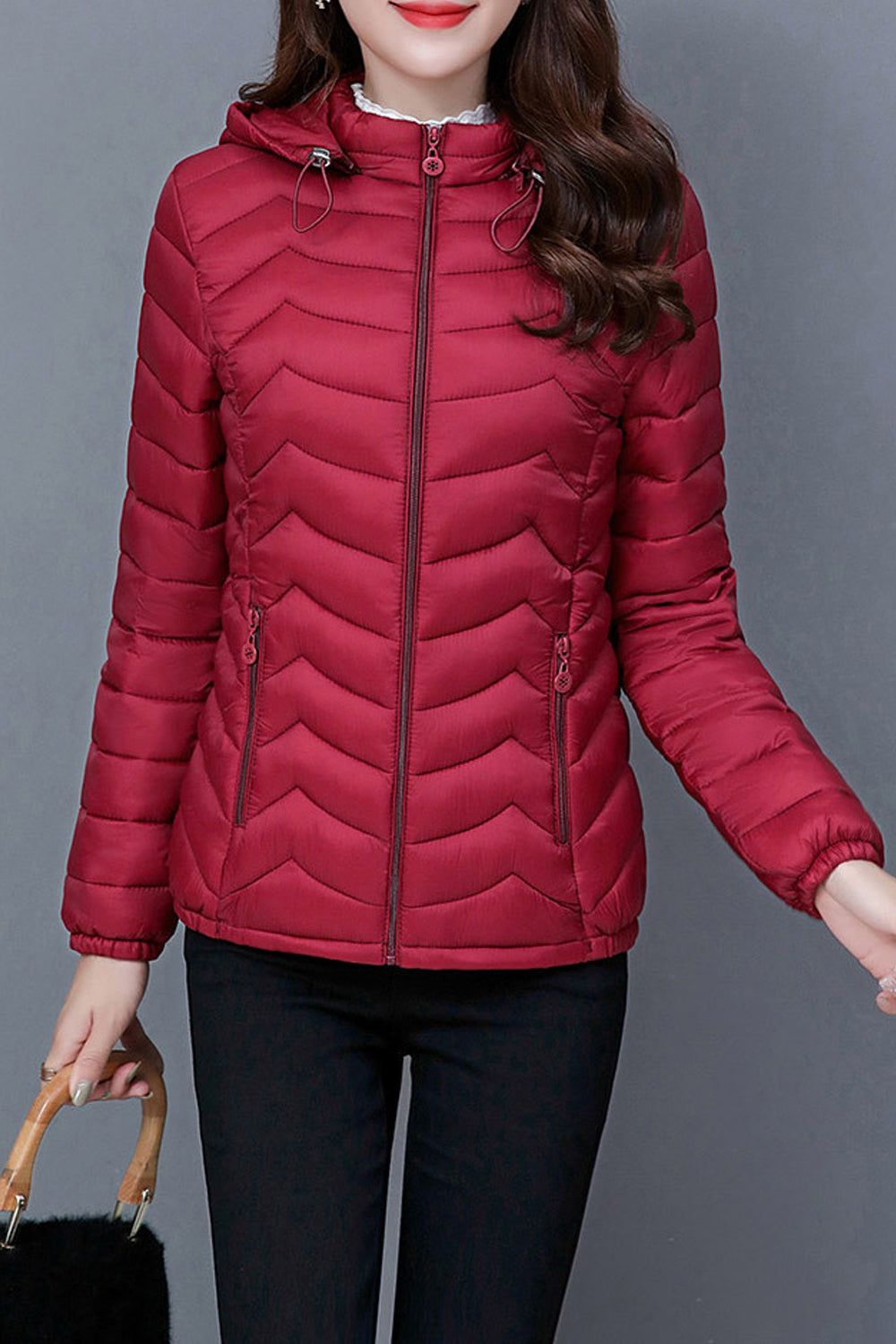 Women Solid Pattern Warm Long Sleeve Amazing Hood Zipper Pocket Winter Casual Padded Jacket