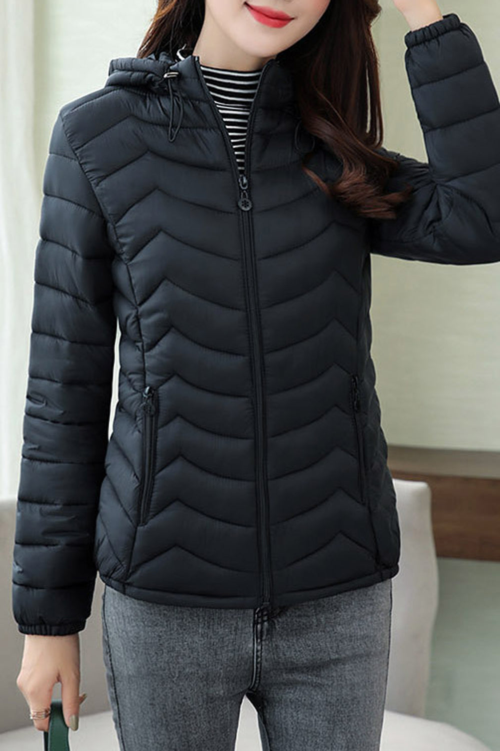 Women Solid Pattern Warm Long Sleeve Amazing Hood Zipper Pocket Winter Casual Padded Jacket