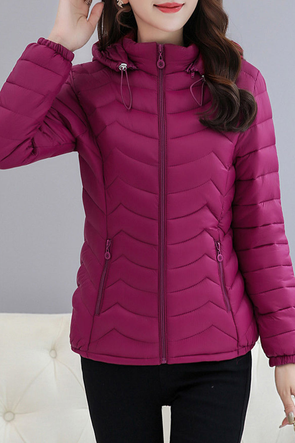 Women Solid Pattern Warm Long Sleeve Amazing Hood Zipper Pocket Winter Casual Padded Jacket