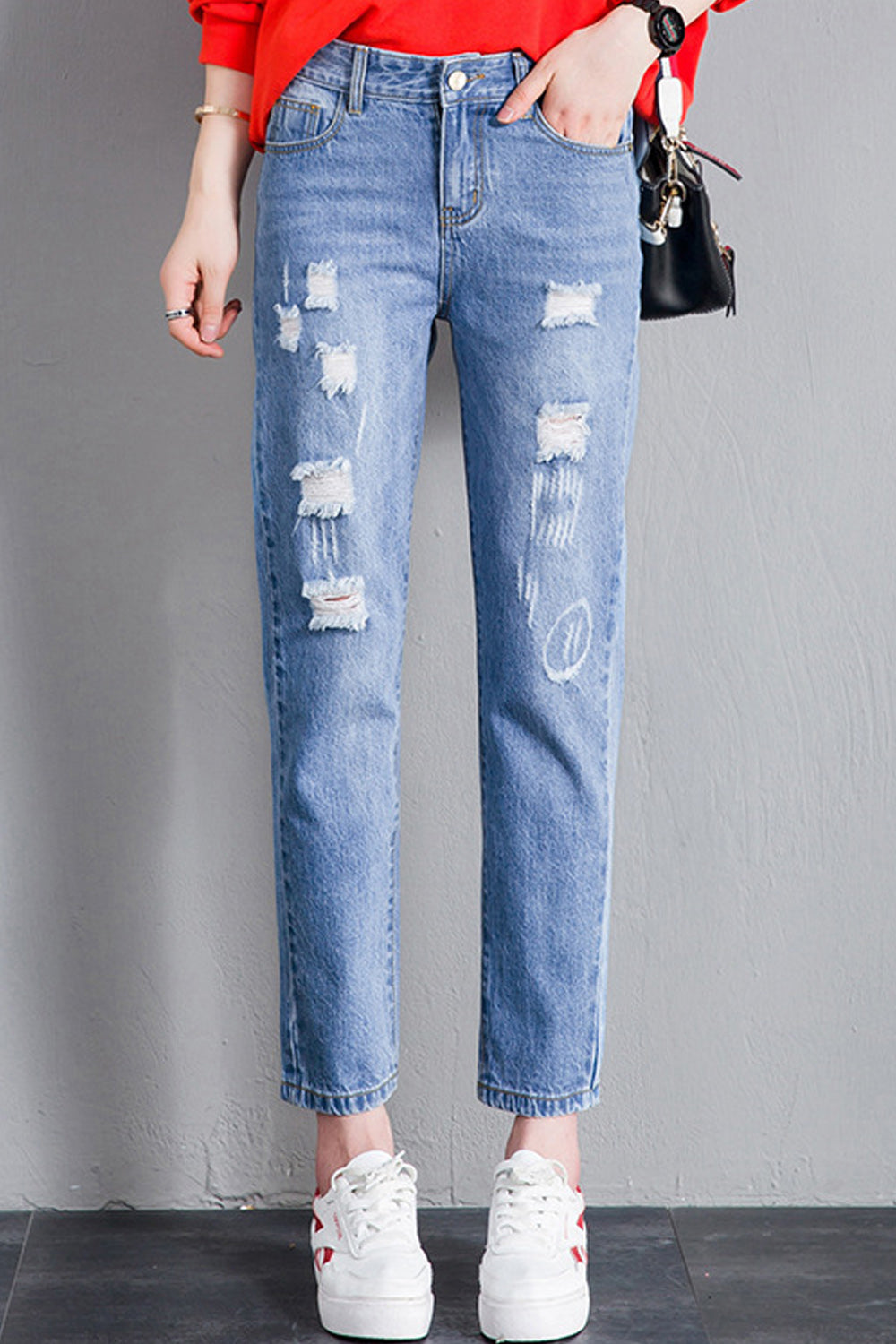 Women Elegent Solid Colored Pocket Styled Thin & Soft Fabric Button Closure Straight Ripped Denim Jeans