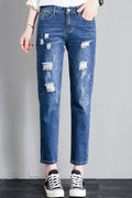 Women Elegent Solid Colored Pocket Styled Thin & Soft Fabric Button Closure Straight Ripped Denim Jeans