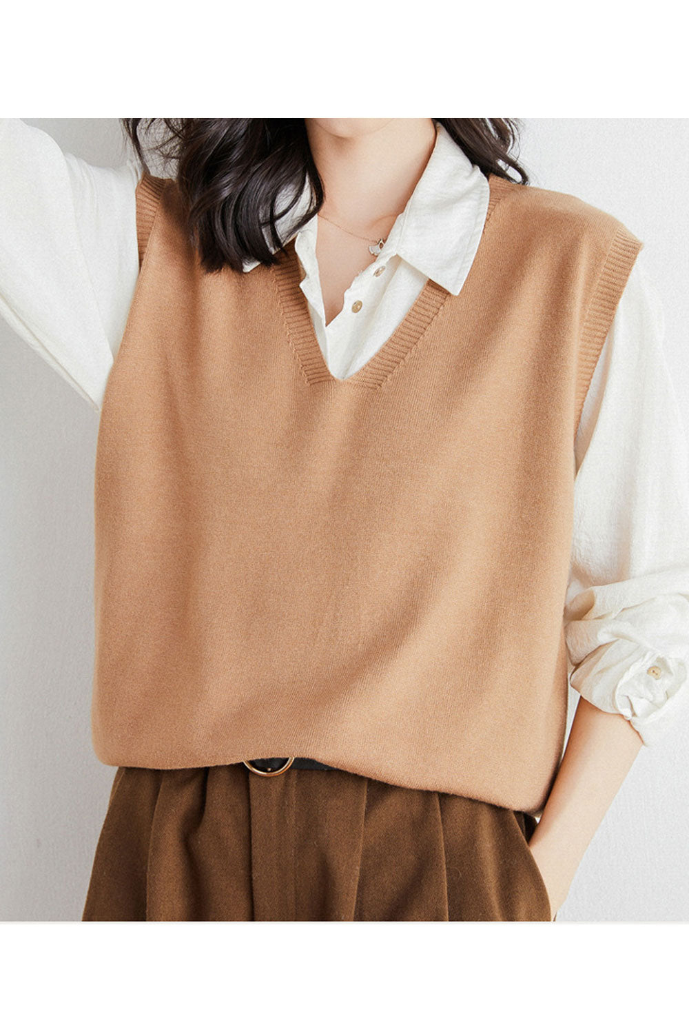 Women Sleeveless Winter Solid Colored Loose V-Neck Trendy Simple Vest Sweater