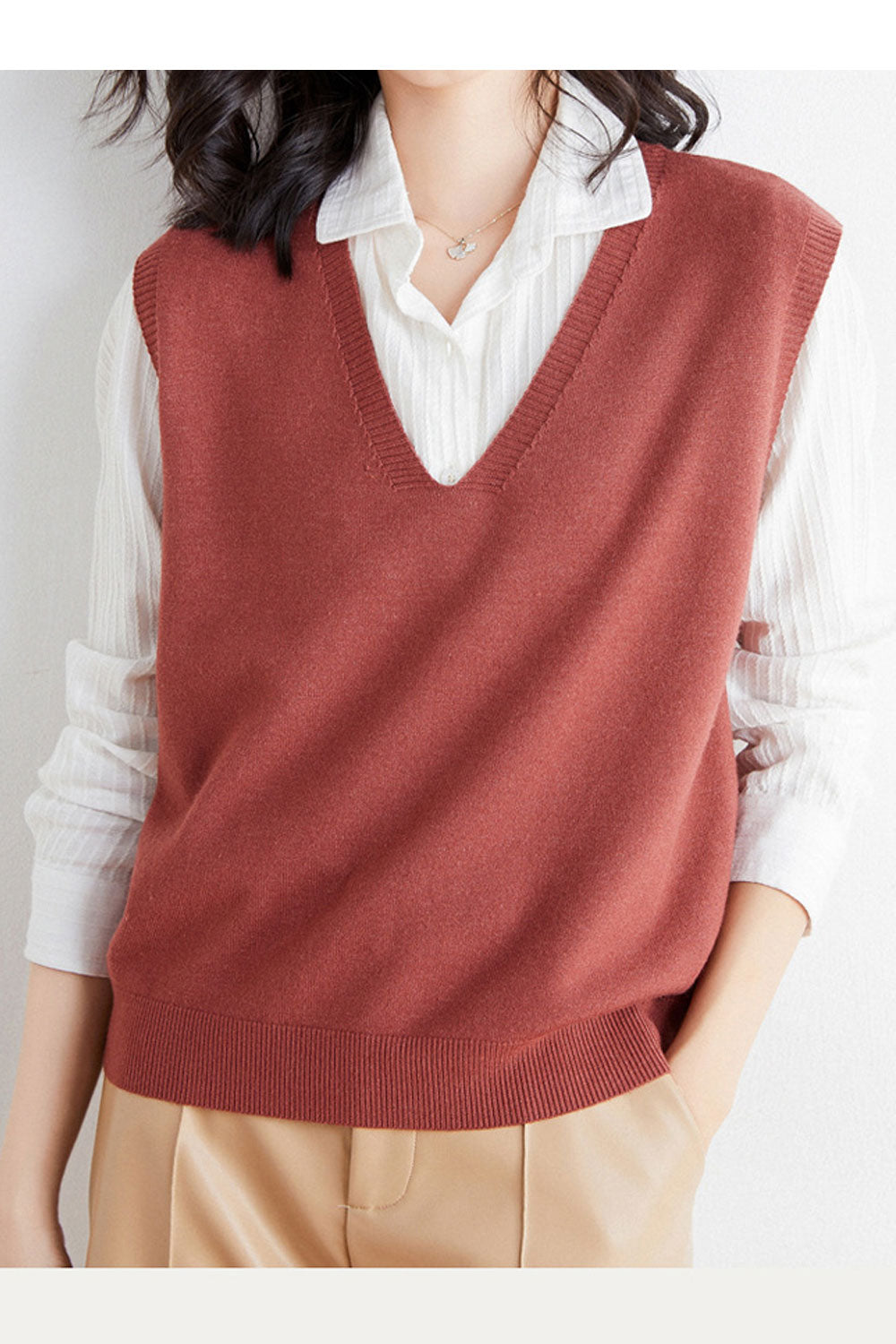 Women Sleeveless Winter Solid Colored Loose V-Neck Trendy Simple Vest Sweater