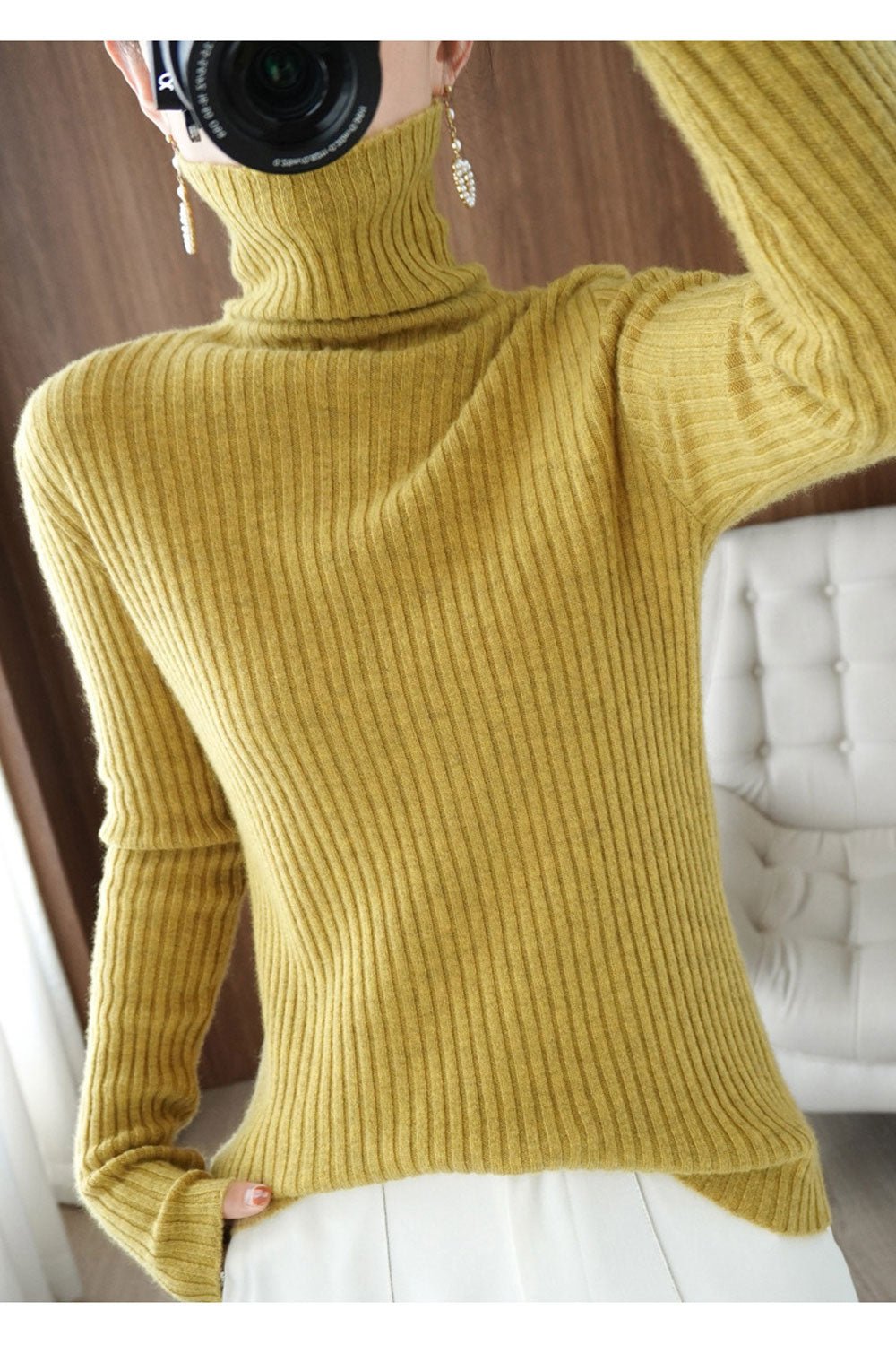 Women High Neck Long Sleeve Slim Fit Solid Pattern Magnificent Knitted Sweater