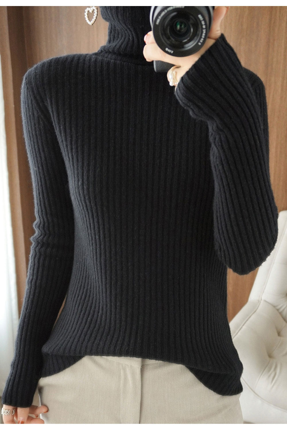 Women High Neck Long Sleeve Slim Fit Solid Pattern Magnificent Knitted Sweater