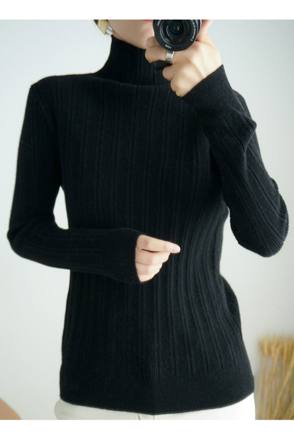 Women Trendy Turtle Neck Long Sleeve Superb Solid Pattern Loose Modern Pullover Sweater