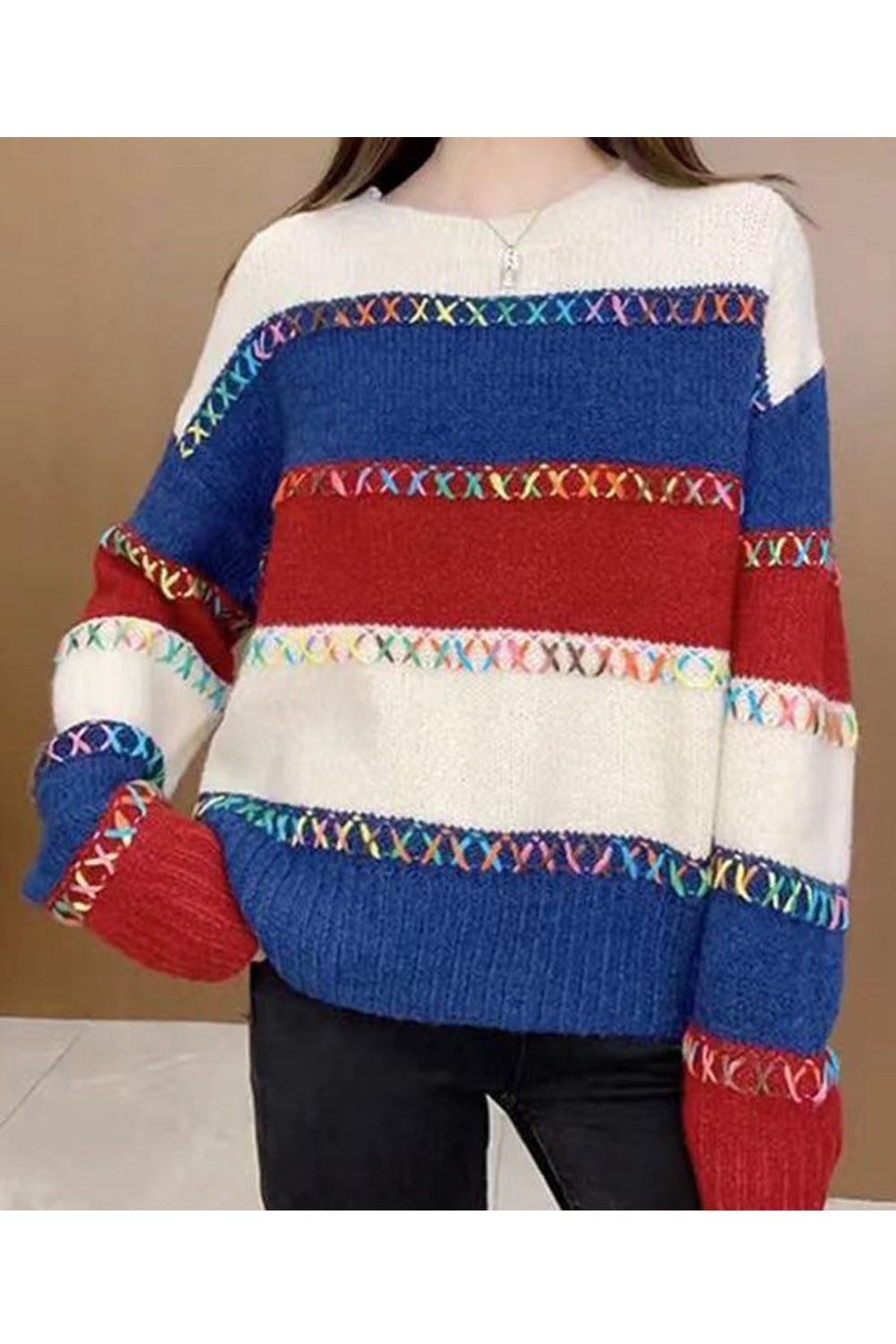 Women Fabulous Long Sleeve Loose Pullover Thick Knitted Colorful Striped Pattern Sweater