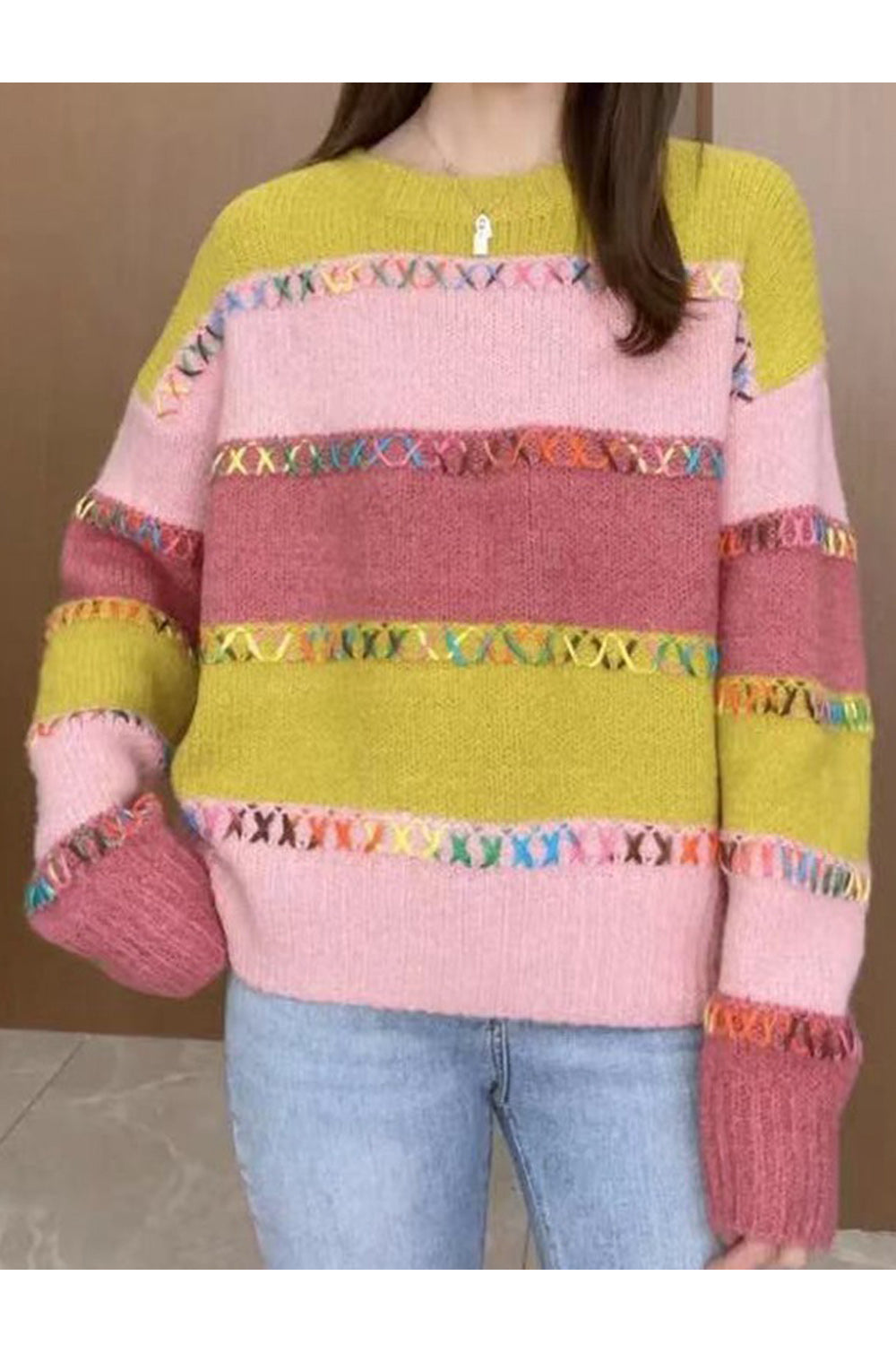Women Fabulous Long Sleeve Loose Pullover Thick Knitted Colorful Striped Pattern Sweater