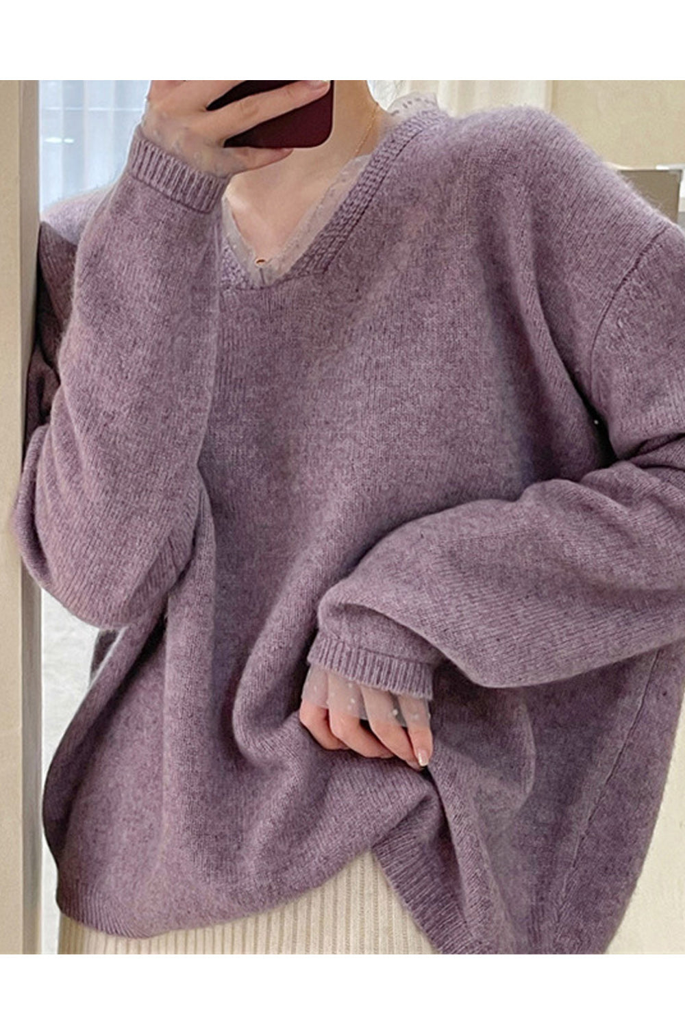 Women Magnificent V-Neck Superb Long Sleeve Solid Pattern Classy Loose Winter Sweater