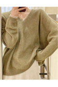 Women Magnificent V-Neck Superb Long Sleeve Solid Pattern Classy Loose Winter Sweater