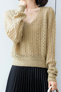 Women Hollow Style Ventilated Solid Pattern Long Sleeve V-Neck Tremendous Cozy Pullover Sweater