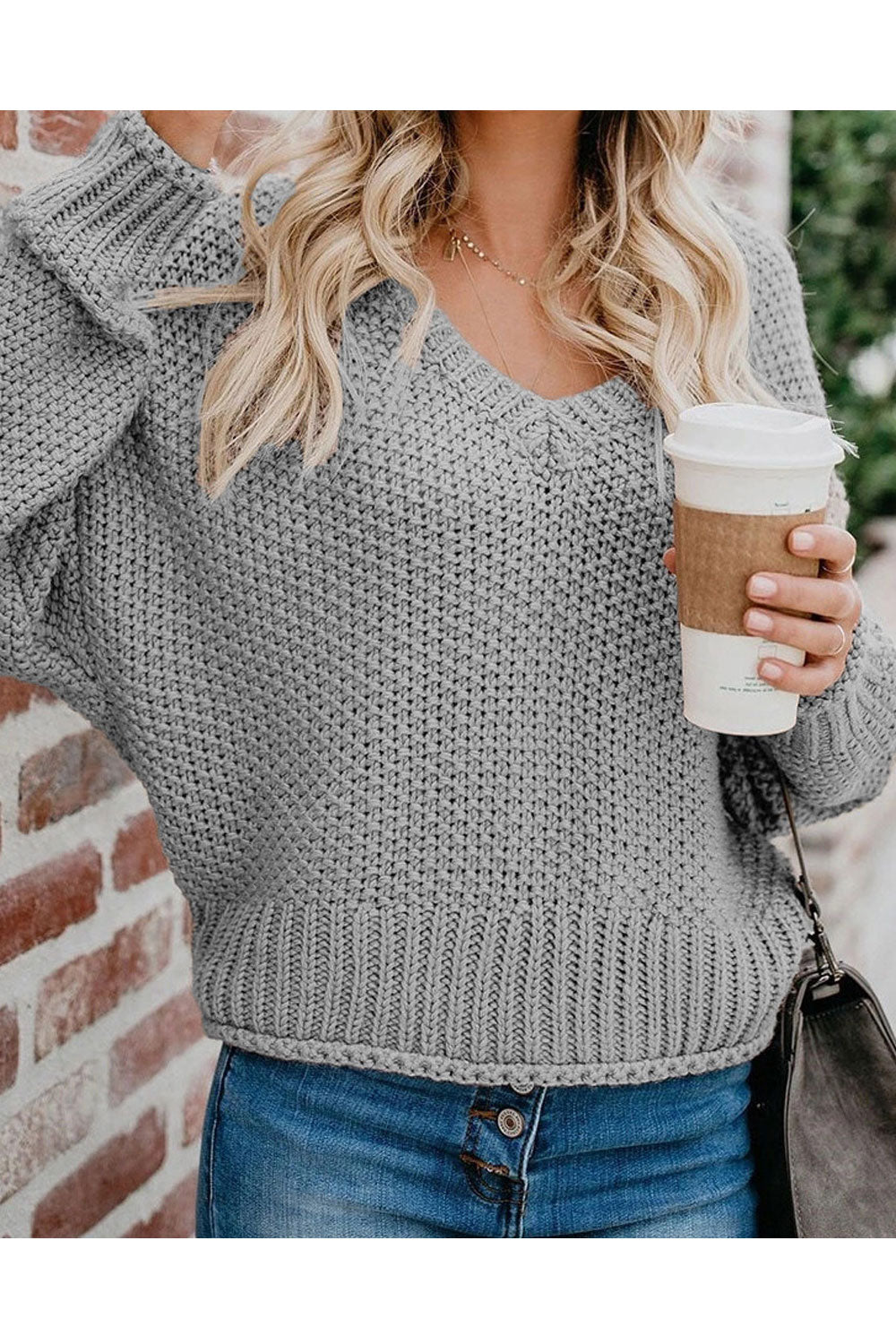 Women Modern Styled Solid Pattern Loose Elasticated Hem Long Sleeve V-Neck Convenient Cozy Pullover Sweater