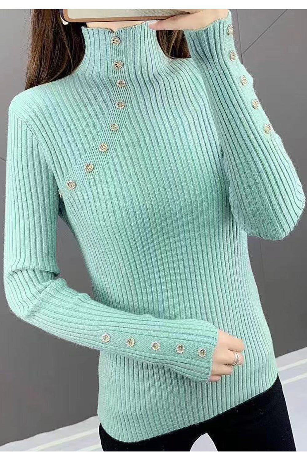 Women High Neck Perfect Wind Protection Solid Colored Long Sleeve Slim Fit Easy Sweater