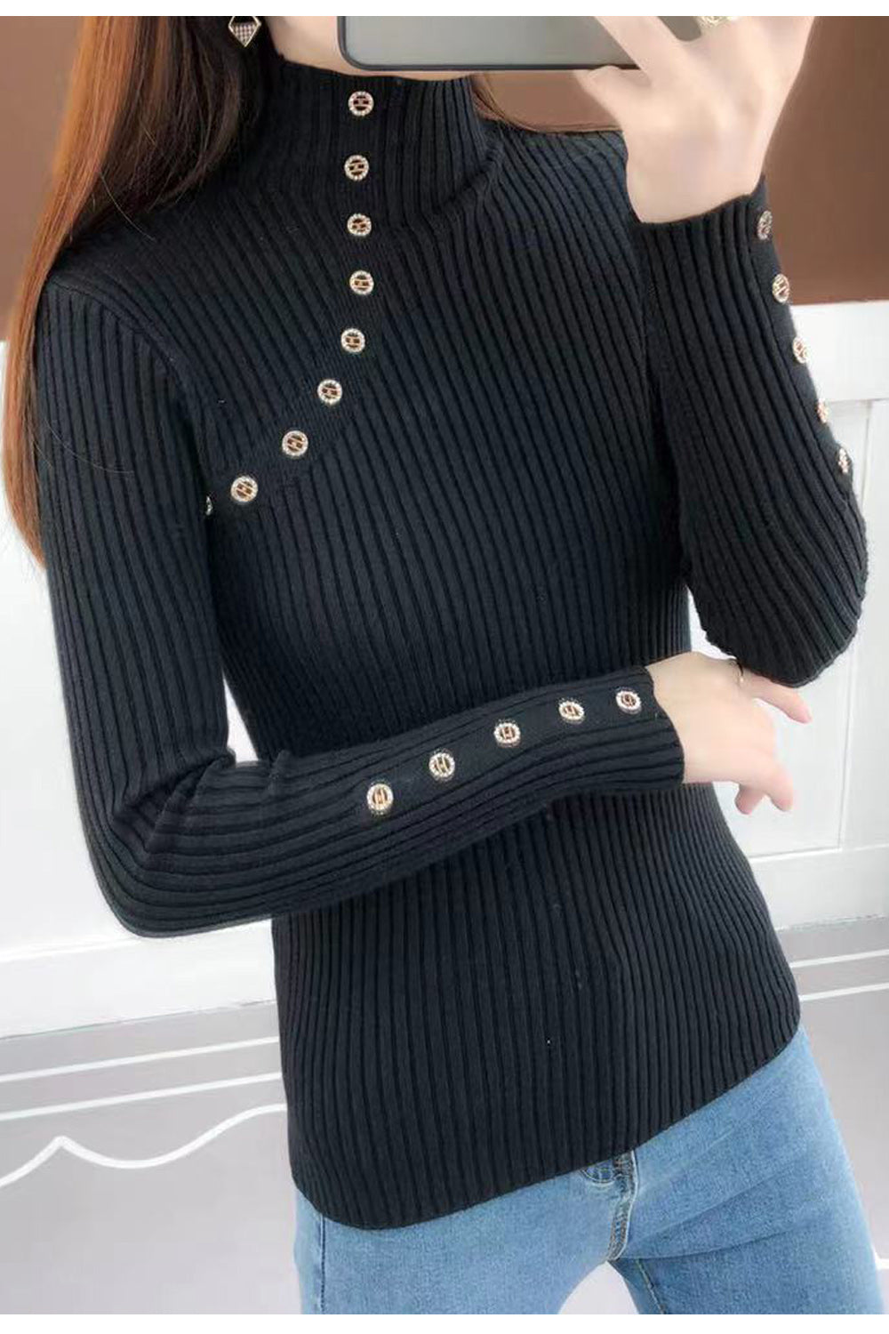 Women High Neck Perfect Wind Protection Solid Colored Long Sleeve Slim Fit Easy Sweater