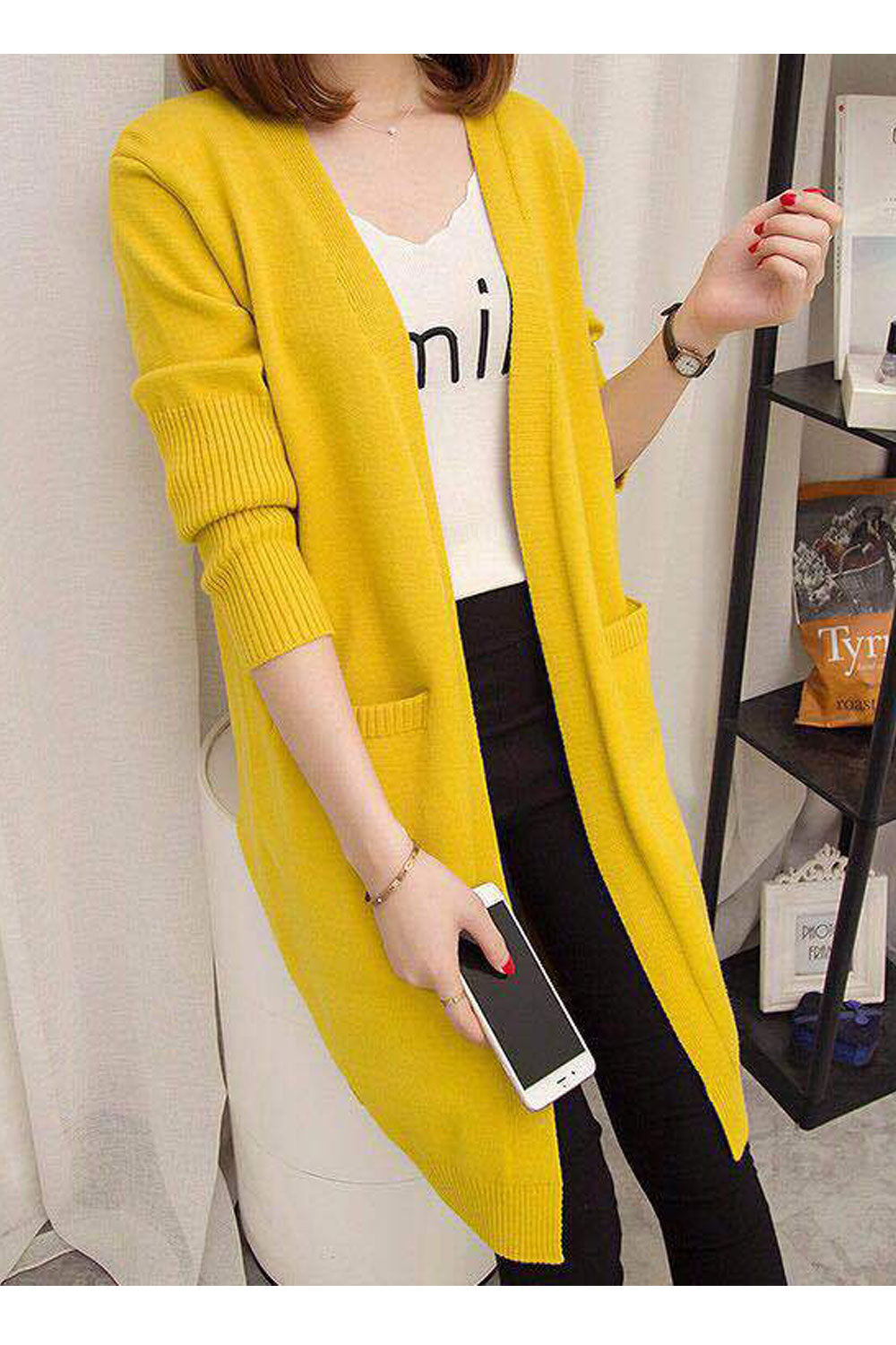 Women Knitted Relax Fit Styled Solid Colored V-Neck Flap Pocket Mid Length Front Open Winter Warm Cardigan