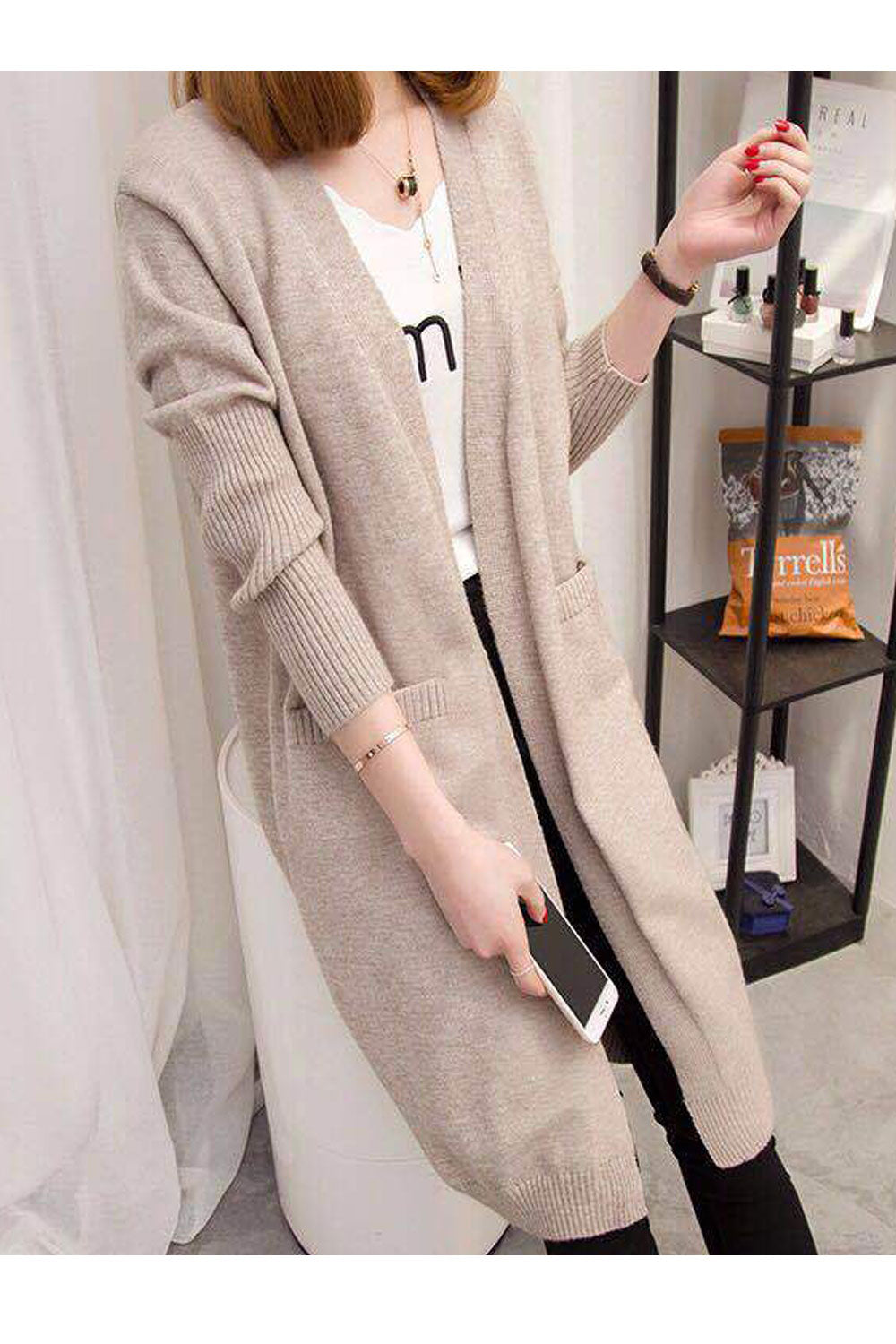 Women Knitted Relax Fit Styled Solid Colored V-Neck Flap Pocket Mid Length Front Open Winter Warm Cardigan